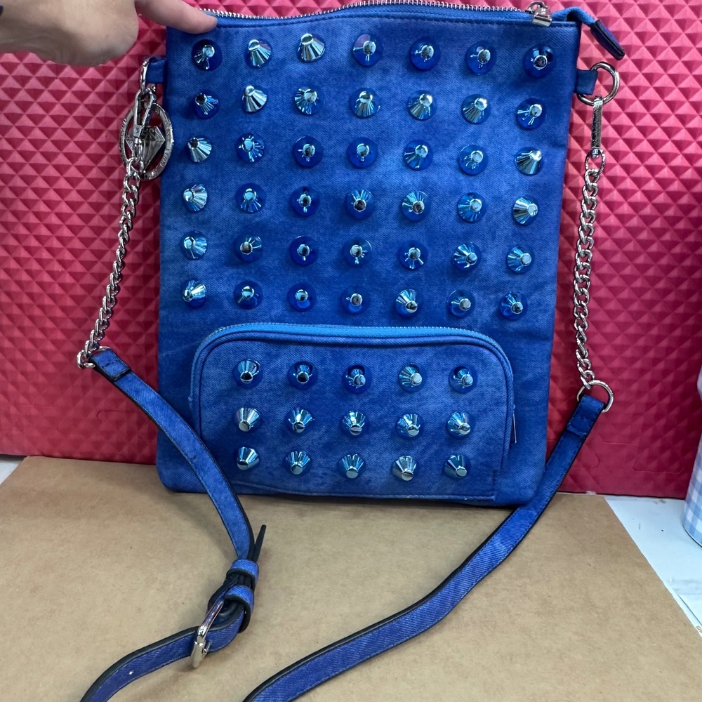 Traci Lynn Blue Studded Crossbody Bag Denim Style Silver Hardware Diamond Charm